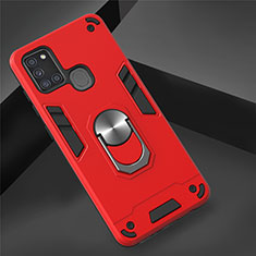 Funda Bumper Silicona y Plastico Mate Carcasa con Magnetico Anillo de dedo Soporte S02 para Samsung Galaxy A21s Rojo