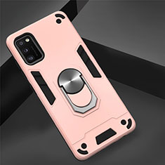 Funda Bumper Silicona y Plastico Mate Carcasa con Magnetico Anillo de dedo Soporte S02 para Samsung Galaxy A41 Oro Rosa