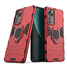 Funda Bumper Silicona y Plastico Mate Carcasa con Magnetico Anillo de dedo Soporte S02 para Xiaomi Mi 12 5G Rojo