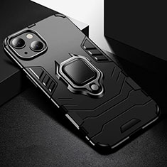 Funda Bumper Silicona y Plastico Mate Carcasa con Magnetico Anillo de dedo Soporte S03 para Apple iPhone 13 Negro