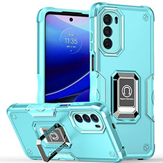 Funda Bumper Silicona y Plastico Mate Carcasa con Magnetico Anillo de dedo Soporte S03 para Motorola Moto G71s 5G Cian