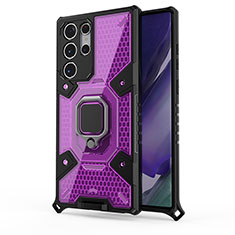 Funda Bumper Silicona y Plastico Mate Carcasa con Magnetico Anillo de dedo Soporte S03 para Samsung Galaxy S21 Ultra 5G Morado