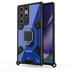 Funda Bumper Silicona y Plastico Mate Carcasa con Magnetico Anillo de dedo Soporte S03 para Samsung Galaxy S23 Ultra 5G Azul