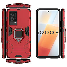 Funda Bumper Silicona y Plastico Mate Carcasa con Magnetico Anillo de dedo Soporte S03 para Vivo iQOO 8 5G Rojo