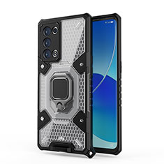 Funda Bumper Silicona y Plastico Mate Carcasa con Magnetico Anillo de dedo Soporte S04 para Oppo Reno6 Pro 5G Negro