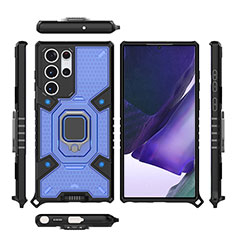 Funda Bumper Silicona y Plastico Mate Carcasa con Magnetico Anillo de dedo Soporte S04 para Samsung Galaxy S21 Ultra 5G Azul