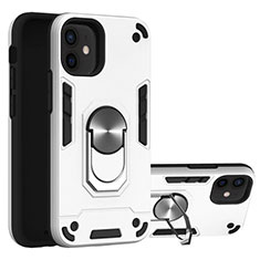 Funda Bumper Silicona y Plastico Mate Carcasa con Magnetico Anillo de dedo Soporte S05 para Apple iPhone 12 Plata