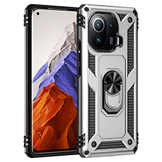 Funda Bumper Silicona y Plastico Mate Carcasa con Magnetico Anillo de dedo Soporte S05 para Xiaomi Mi 11 Pro 5G Plata