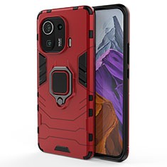 Funda Bumper Silicona y Plastico Mate Carcasa con Magnetico Anillo de dedo Soporte S06 para Xiaomi Mi 11 Pro 5G Rojo