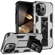 Funda Bumper Silicona y Plastico Mate Carcasa con Magnetico Anillo de dedo Soporte S07 para Apple iPhone 14 Pro Plata