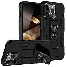 Funda Bumper Silicona y Plastico Mate Carcasa con Magnetico Anillo de dedo Soporte S07 para Apple iPhone 15 Pro Max Negro