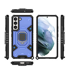 Funda Bumper Silicona y Plastico Mate Carcasa con Magnetico Anillo de dedo Soporte S07 para Samsung Galaxy S21 FE 5G Azul