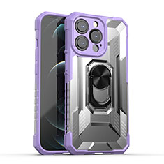 Funda Bumper Silicona y Plastico Mate Carcasa con Magnetico Anillo de dedo Soporte S08 para Apple iPhone 13 Pro Max Morado