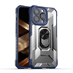 Funda Bumper Silicona y Plastico Mate Carcasa con Magnetico Anillo de dedo Soporte S08 para Apple iPhone 14 Pro Max Azul