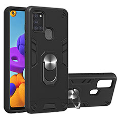 Funda Bumper Silicona y Plastico Mate Carcasa con Magnetico Anillo de dedo Soporte Y01B para Samsung Galaxy A21s Negro