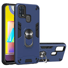 Funda Bumper Silicona y Plastico Mate Carcasa con Magnetico Anillo de dedo Soporte Y01B para Samsung Galaxy M21s Azul