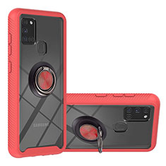 Funda Bumper Silicona y Plastico Mate Carcasa con Magnetico Anillo de dedo Soporte YB1 para Samsung Galaxy A21s Rojo