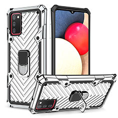 Funda Bumper Silicona y Plastico Mate Carcasa con Magnetico Anillo de dedo Soporte YF1 para Samsung Galaxy A03s Plata