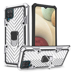 Funda Bumper Silicona y Plastico Mate Carcasa con Magnetico Anillo de dedo Soporte YF1 para Samsung Galaxy F12 Plata