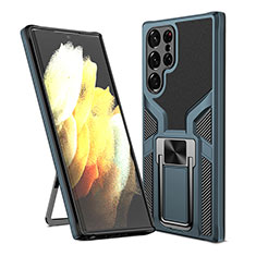Funda Bumper Silicona y Plastico Mate Carcasa con Magnetico Soporte A05 para Samsung Galaxy S21 Ultra 5G Cian