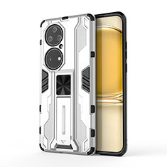 Funda Bumper Silicona y Plastico Mate Carcasa con Magnetico Soporte KC1 para Huawei P50 Plata