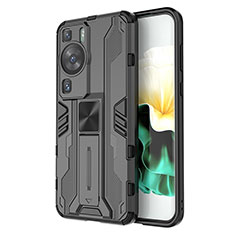 Funda Bumper Silicona y Plastico Mate Carcasa con Magnetico Soporte KC1 para Huawei P60 Negro