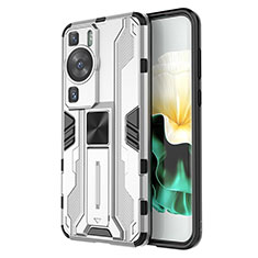 Funda Bumper Silicona y Plastico Mate Carcasa con Magnetico Soporte KC1 para Huawei P60 Plata