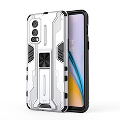 Funda Bumper Silicona y Plastico Mate Carcasa con Magnetico Soporte KC1 para OnePlus Nord 2 5G Plata