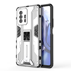 Funda Bumper Silicona y Plastico Mate Carcasa con Magnetico Soporte KC1 para Xiaomi Mi 11T 5G Plata