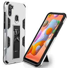 Funda Bumper Silicona y Plastico Mate Carcasa con Magnetico Soporte MQ1 para Samsung Galaxy A11 Plata