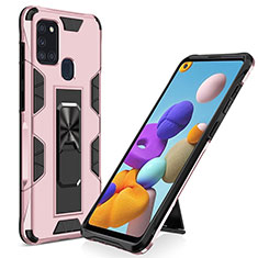 Funda Bumper Silicona y Plastico Mate Carcasa con Magnetico Soporte MQ1 para Samsung Galaxy A21s Oro Rosa