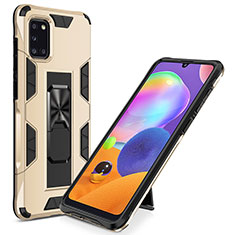 Funda Bumper Silicona y Plastico Mate Carcasa con Magnetico Soporte MQ1 para Samsung Galaxy A31 Oro