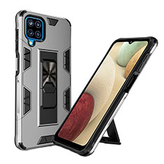 Funda Bumper Silicona y Plastico Mate Carcasa con Magnetico Soporte MQ1 para Samsung Galaxy F12 Plata