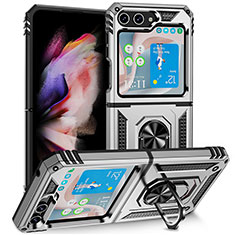 Funda Bumper Silicona y Plastico Mate Carcasa con Magnetico Soporte MQ2 para Samsung Galaxy Z Flip5 5G Plata