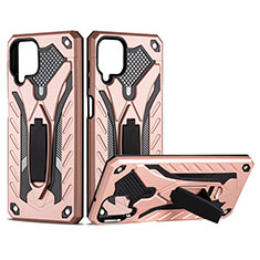 Funda Bumper Silicona y Plastico Mate Carcasa con Magnetico Soporte para Samsung Galaxy A12 Oro Rosa