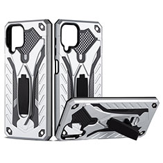 Funda Bumper Silicona y Plastico Mate Carcasa con Magnetico Soporte para Samsung Galaxy F12 Plata