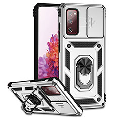 Funda Bumper Silicona y Plastico Mate Carcasa con Magnetico Soporte Q01W para Samsung Galaxy S20 Lite 5G Plata