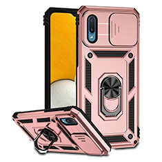 Funda Bumper Silicona y Plastico Mate Carcasa con Magnetico Soporte QW2 para Samsung Galaxy A02 Oro Rosa