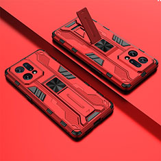 Funda Bumper Silicona y Plastico Mate Carcasa con Magnetico Soporte T01 para Oppo Find X5 5G Rojo