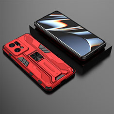 Funda Bumper Silicona y Plastico Mate Carcasa con Magnetico Soporte T02 para Oppo Find X5 Pro 5G Rojo