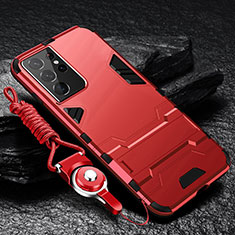 Funda Bumper Silicona y Plastico Mate Carcasa con Soporte A05 para Samsung Galaxy S21 Ultra 5G Rojo