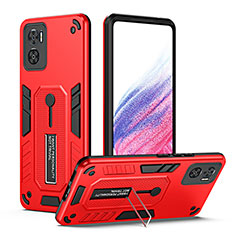 Funda Bumper Silicona y Plastico Mate Carcasa con Soporte H01P para Motorola Moto E22 Rojo