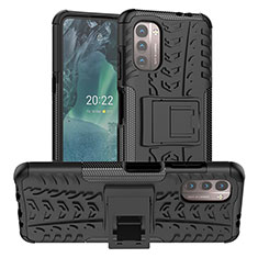 Funda Bumper Silicona y Plastico Mate Carcasa con Soporte JX1 para Nokia G21 Negro