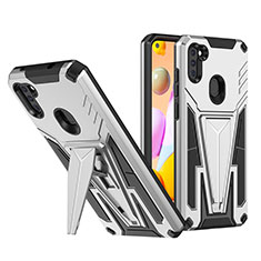 Funda Bumper Silicona y Plastico Mate Carcasa con Soporte MQ1 para Samsung Galaxy A11 Plata