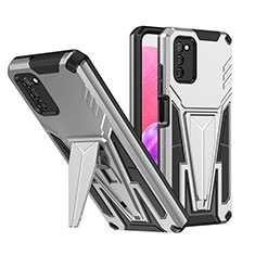 Funda Bumper Silicona y Plastico Mate Carcasa con Soporte MQ1 para Samsung Galaxy M02s Plata