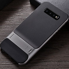 Funda Bumper Silicona y Plastico Mate Carcasa con Soporte R01 para Samsung Galaxy S10 Plata