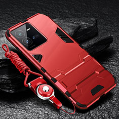 Funda Bumper Silicona y Plastico Mate Carcasa con Soporte R01 para Vivo X80 Lite 5G Rojo