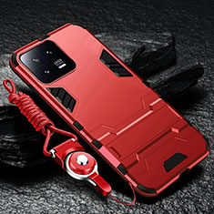 Funda Bumper Silicona y Plastico Mate Carcasa con Soporte R01 para Xiaomi Mi 13 5G Rojo