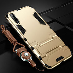 Funda Bumper Silicona y Plastico Mate Carcasa con Soporte R02 para Samsung Galaxy A70S Oro