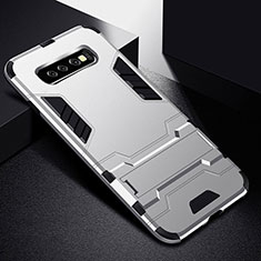 Funda Bumper Silicona y Plastico Mate Carcasa con Soporte R02 para Samsung Galaxy S10 Plata